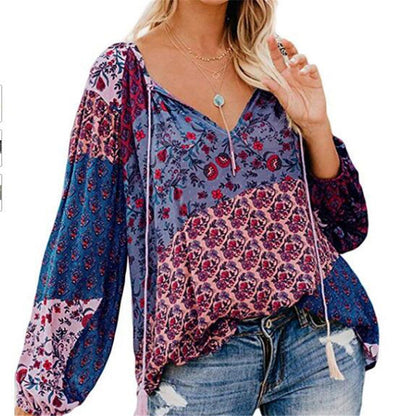 EP | Femmes Boho Baggy Floral Blouse à Manches Longues