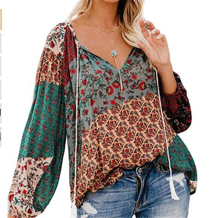 EP | Femmes Boho Baggy Floral Blouse à Manches Longues