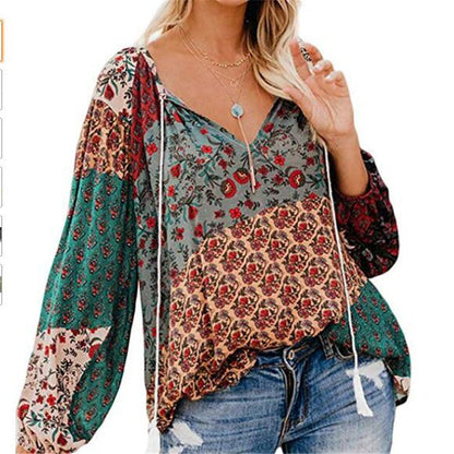 EP | Femmes Boho Baggy Floral Blouse à Manches Longues
