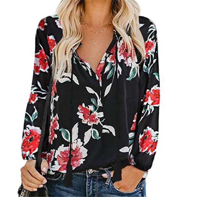 EP | Femmes Boho Baggy Floral Blouse à Manches Longues