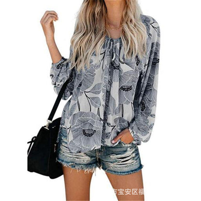 EP | Femmes Boho Baggy Floral Blouse à Manches Longues