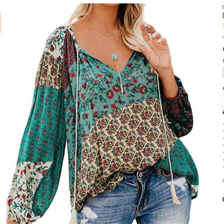 EP | Femmes Boho Baggy Floral Blouse à Manches Longues