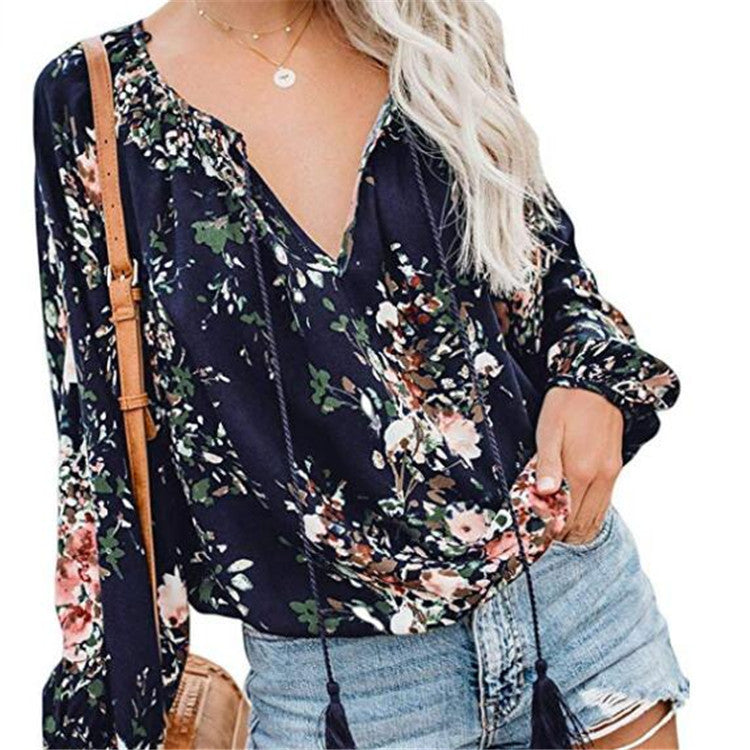EP | Femmes Boho Baggy Floral Blouse à Manches Longues