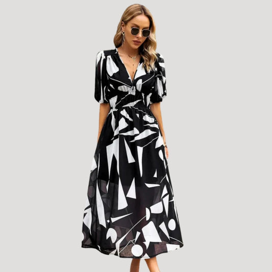 EP | Robe midi imprimée manches bouffantes décolleté en V pour femme