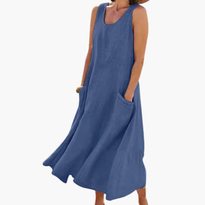 EP | Femmes lin robe midi sans manches avec col rond et poches