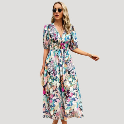 EP | Robe midi imprimée manches bouffantes décolleté en V pour femme