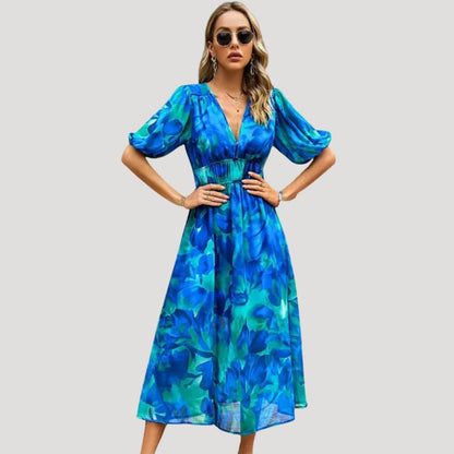 EP | Robe midi imprimée manches bouffantes décolleté en V pour femme