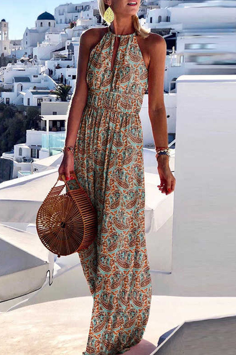 EP | Mode Bohème Print Patchwork Halter robes plissées