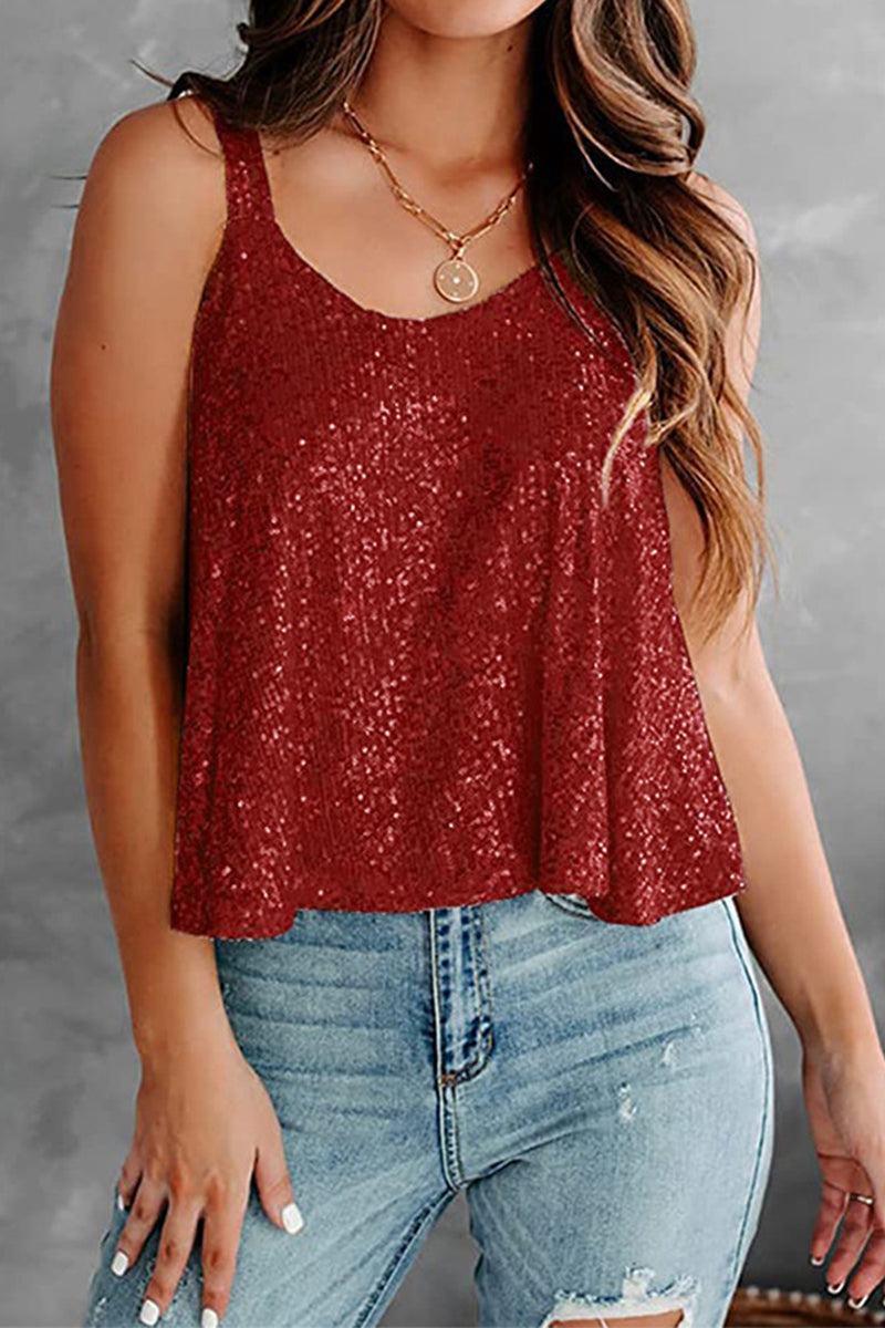 EP | Sexy Casual Paillettes solides O cou Camis(7 couleurs)