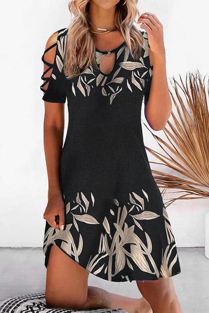 EP | Casual Geometric Hollowed Out Printing O Neck Imprimé Robe à manches courtes