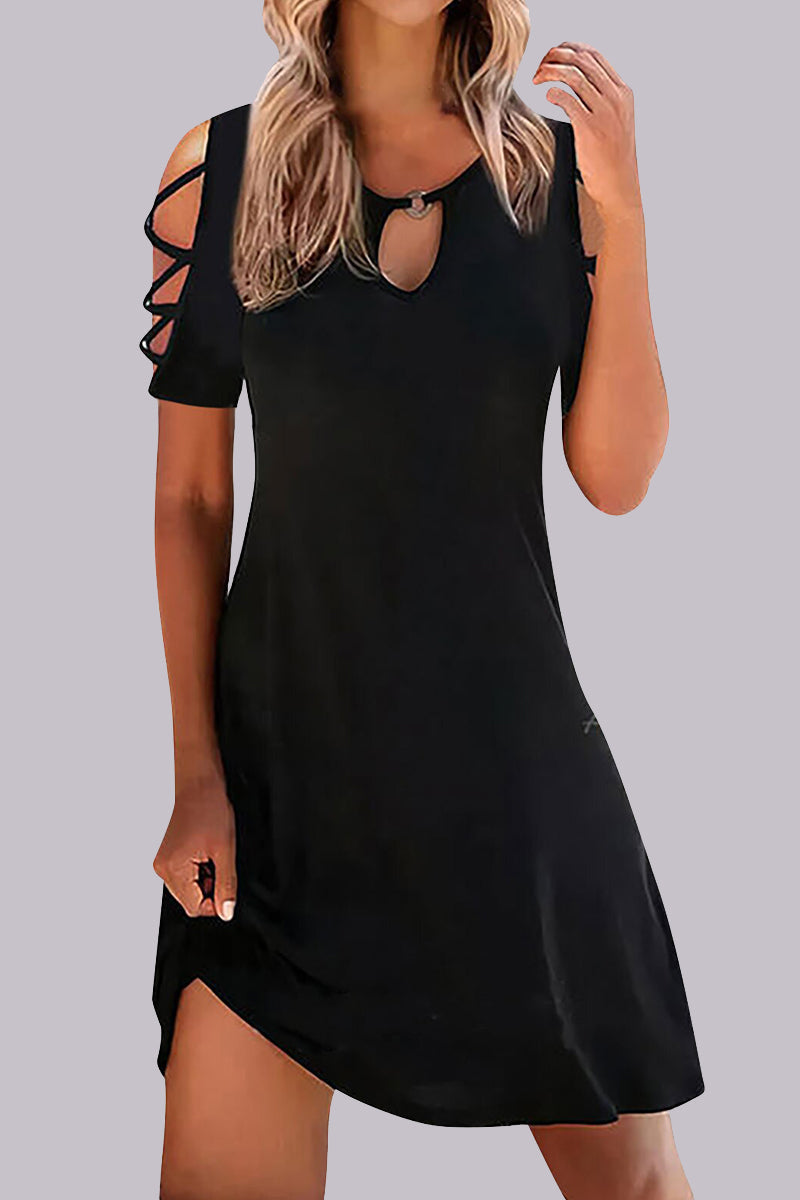 EP | Casual Geometric Hollowed Out Printing O Neck Imprimé Robe à manches courtes