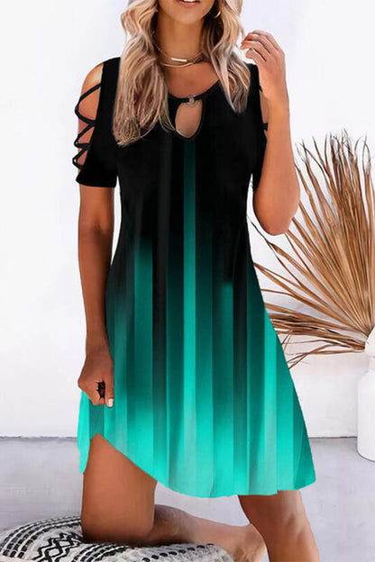 EP | Casual Geometric Hollowed Out Printing O Neck Imprimé Robe à manches courtes