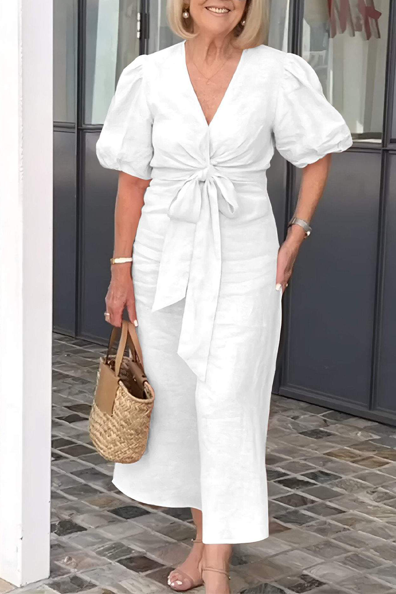 EP | Casual Daily Solid Color Lace Up V Neck A Line Robe à manches courtes