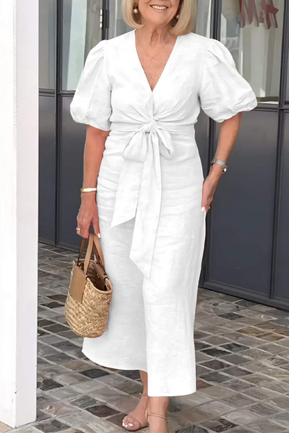 EP | Casual Daily Solid Color Lace Up V Neck A Line Robe à manches courtes