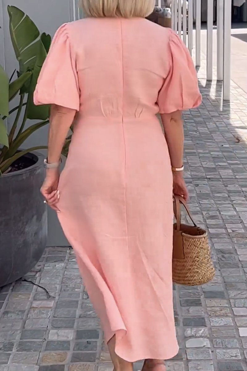EP | Casual Daily Solid Color Lace Up V Neck A Line Robe à manches courtes