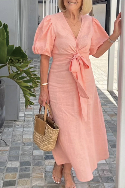 EP | Casual Daily Solid Color Lace Up V Neck A Line Robe à manches courtes