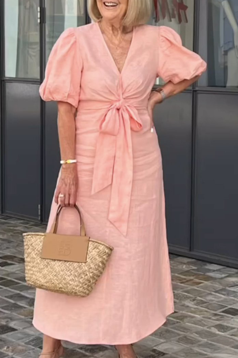 EP | Casual Daily Solid Color Lace Up V Neck A Line Robe à manches courtes