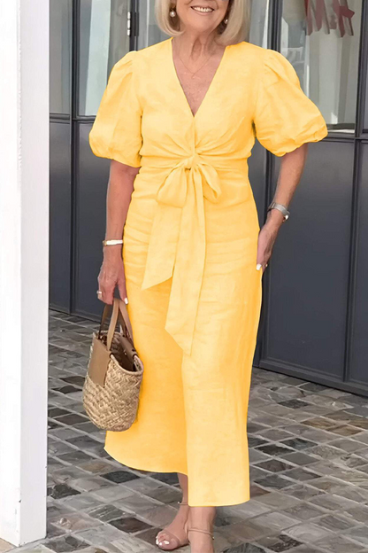 EP | Casual Daily Solid Color Lace Up V Neck A Line Robe à manches courtes