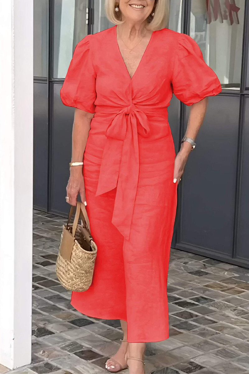 EP | Casual Daily Solid Color Lace Up V Neck A Line Robe à manches courtes