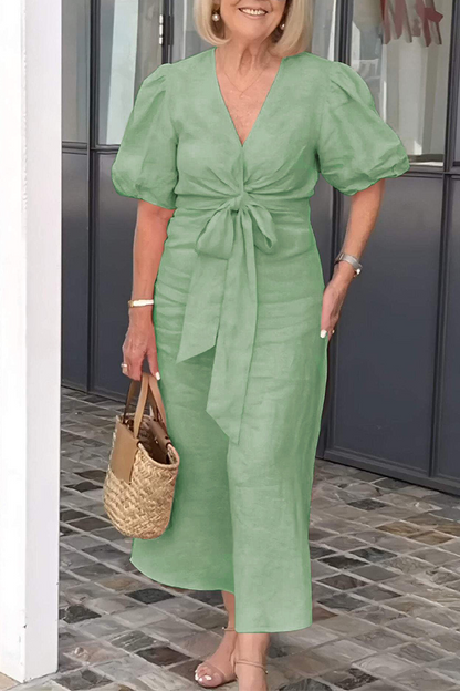 EP | Casual Daily Solid Color Lace Up V Neck A Line Robe à manches courtes