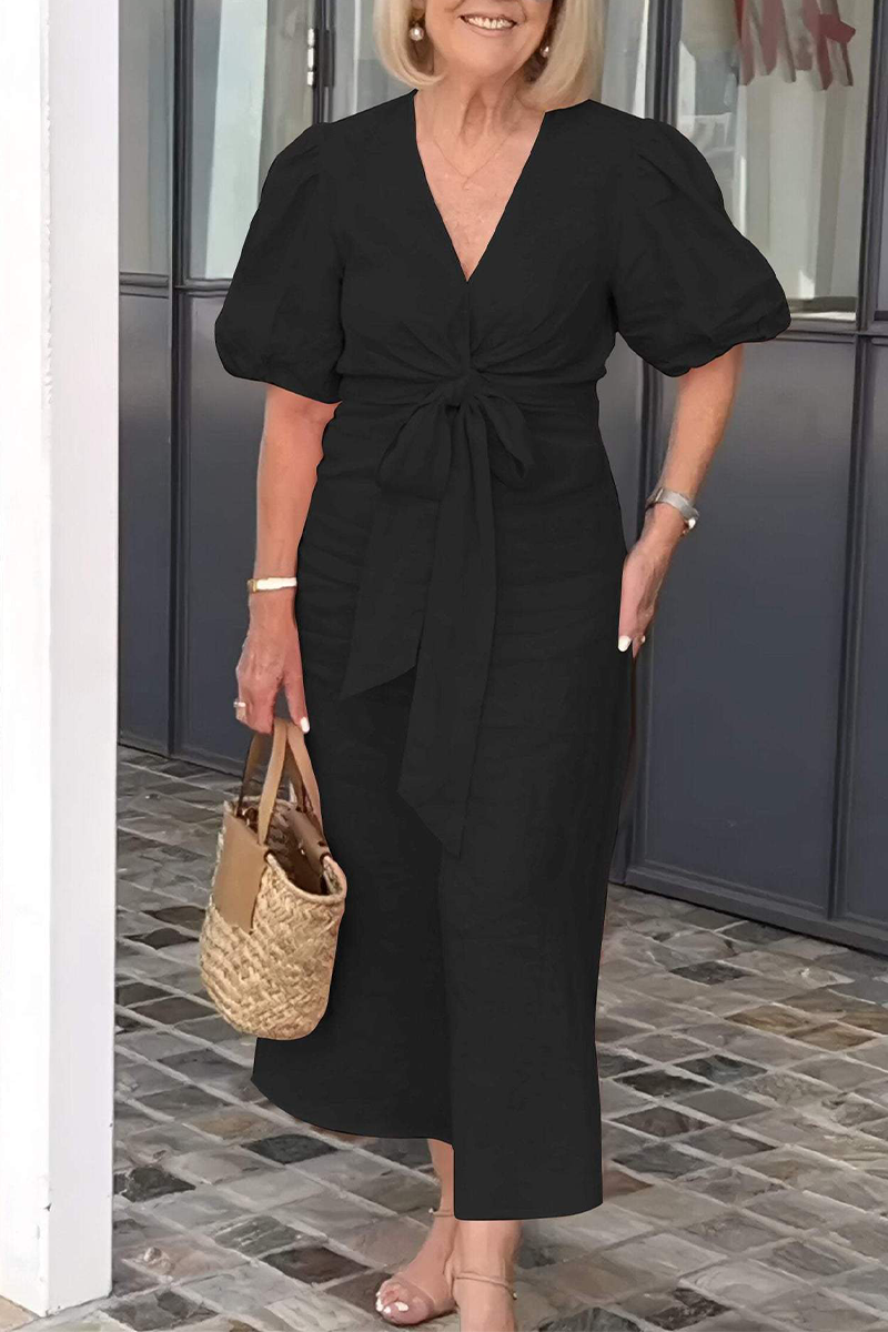 EP | Casual Daily Solid Color Lace Up V Neck A Line Robe à manches courtes