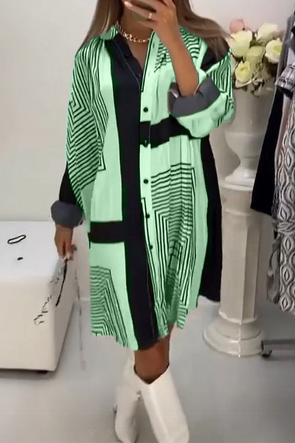 EP | Robe chemise décontractée avec boutons rayés et col en V contrasté (3 couleurs)