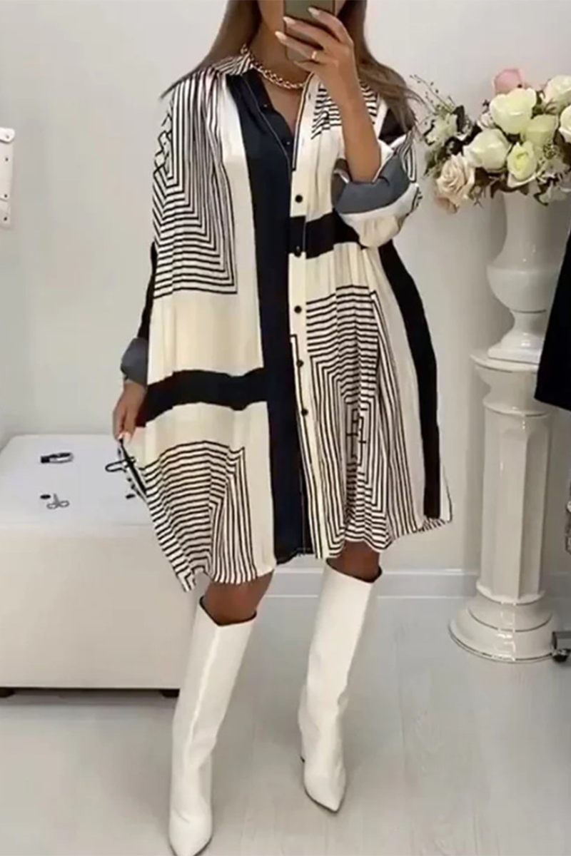 EP | Robe chemise décontractée avec boutons rayés et col en V contrasté (3 couleurs)