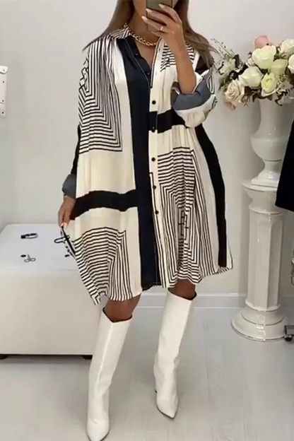 EP | Robe chemise décontractée avec boutons rayés et col en V contrasté (3 couleurs)