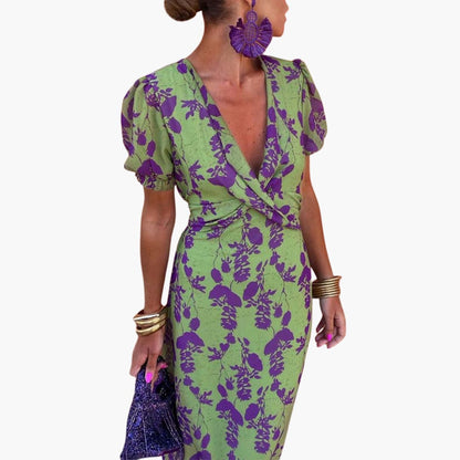 EP | Robe midi d'été pour femme avec manches bouffantes et taille twistée