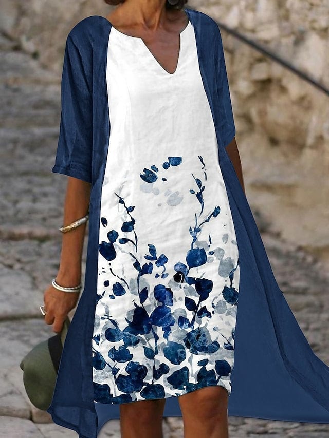 ND | Linda - Robe midi deux pièces avec imprimé floral bleu et demi-manches élégantes