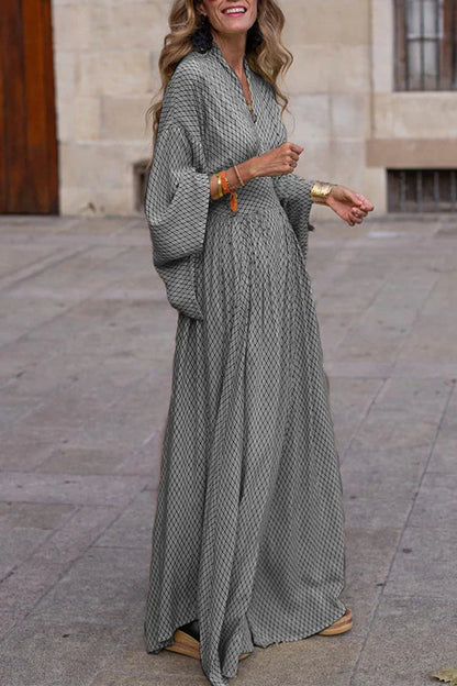 EP | Maxi Vestido Manga Larga Cuello V Estampado Geométrico