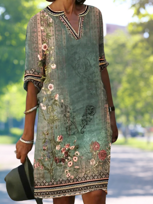 ND | Robe verte midi avec col en V et motif floral
