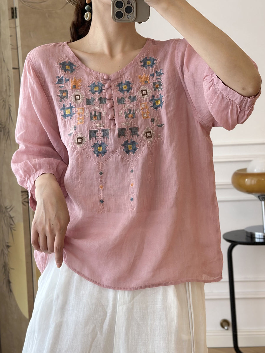 EP | Femme Eté Ethnique Broderie Ramie Shirt