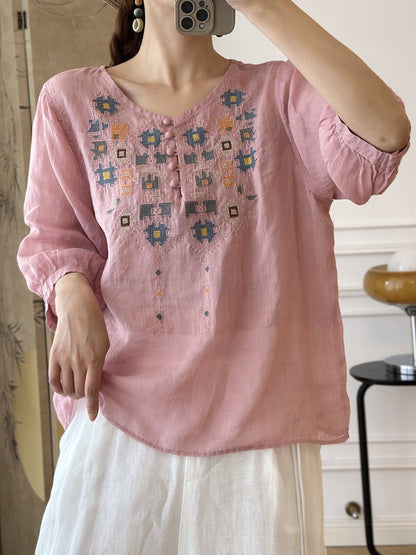 EP | Femme Eté Ethnique Broderie Ramie Shirt