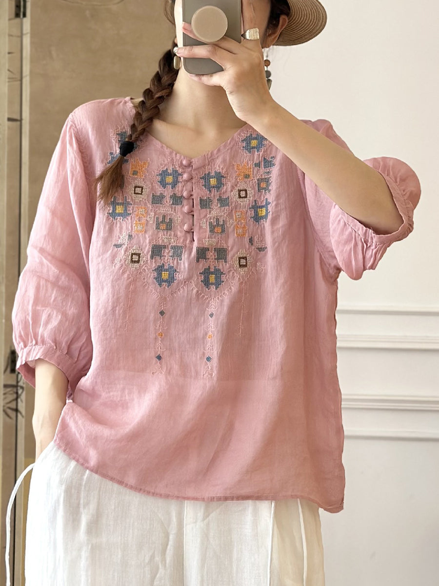 EP | Femme Eté Ethnique Broderie Ramie Shirt