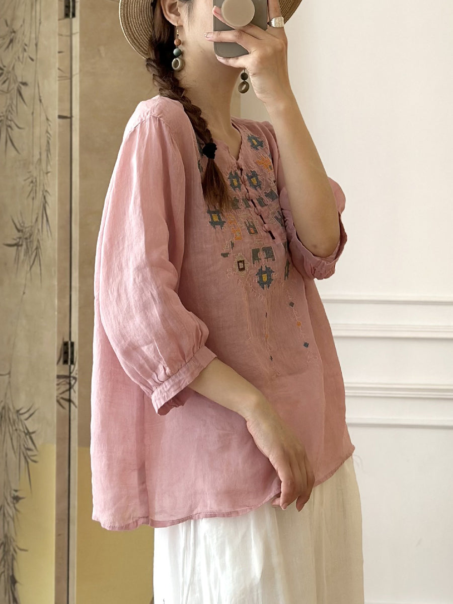 EP | Femme Eté Ethnique Broderie Ramie Shirt