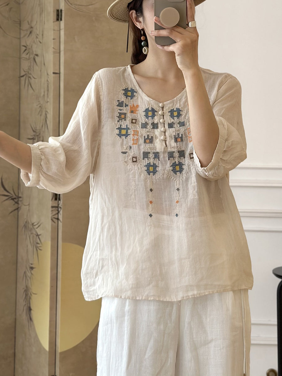 EP | Femme Eté Ethnique Broderie Ramie Shirt