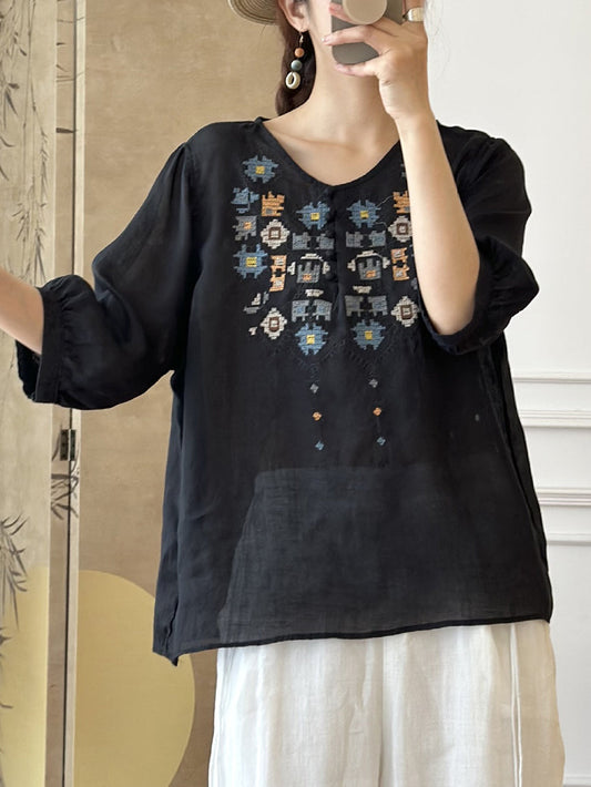 EP | Femme Eté Ethnique Broderie Ramie Shirt