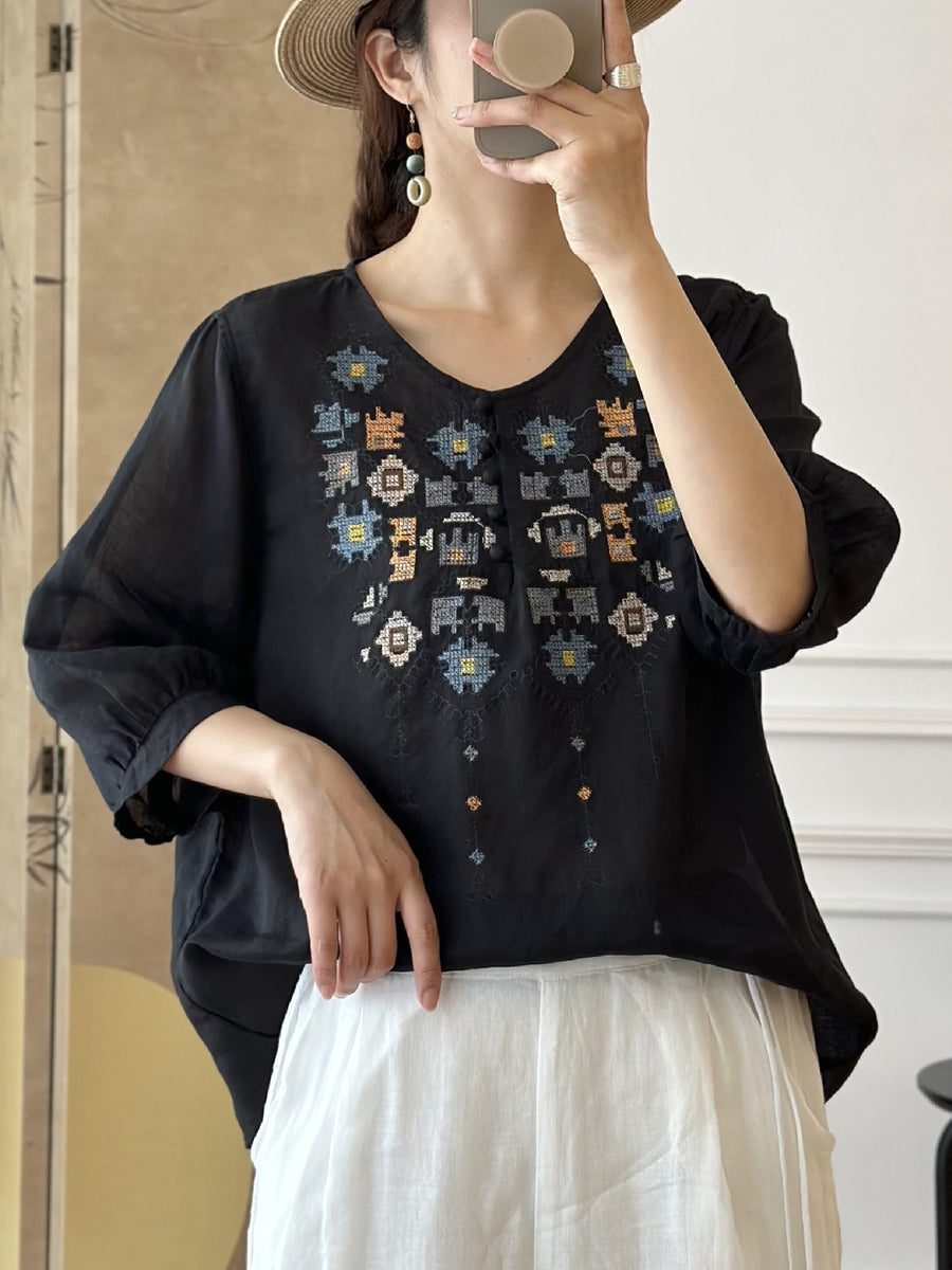 EP | Femme Eté Ethnique Broderie Ramie Shirt