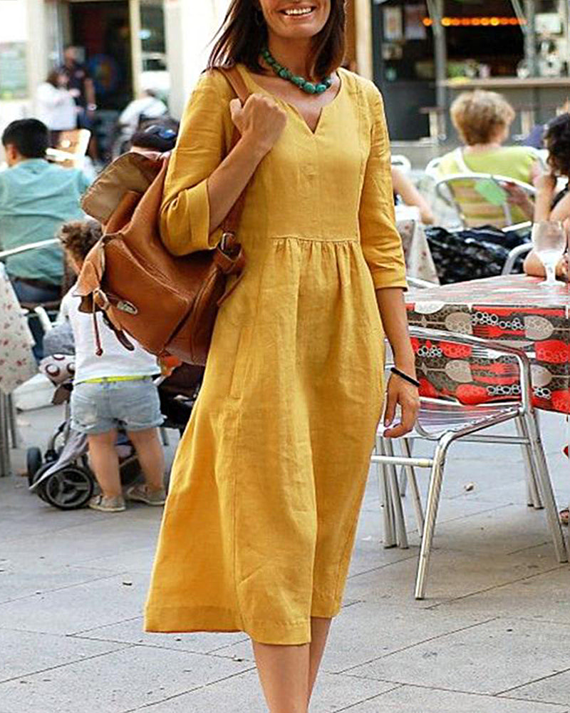 EP | Mélange de lin Robe midi décontractée avec décolleté en V et coupe décontractée