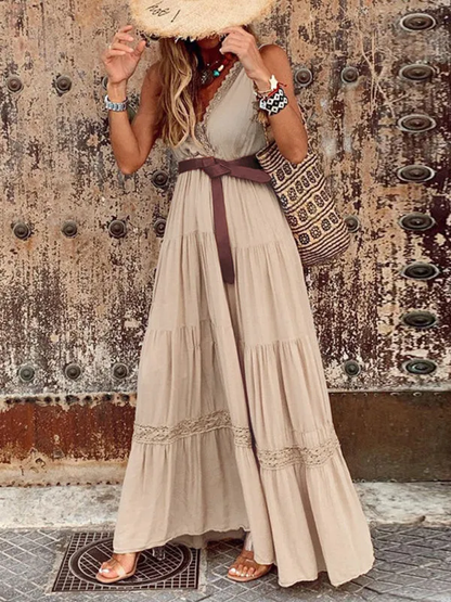 EP | New French Style Robe maxi taille haute et décolleté en V avec coutures et longueur midi
