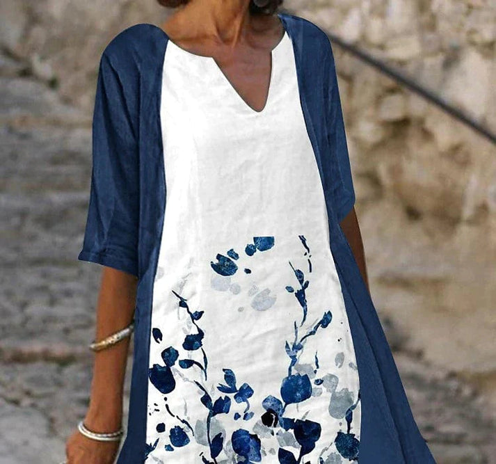 ND | Linda - Robe midi deux pièces avec imprimé floral bleu et demi-manches élégantes