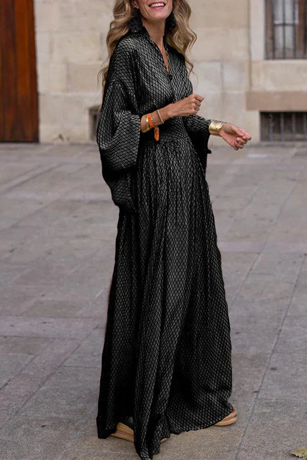 EP | Maxi Vestido Manga Larga Cuello V Estampado Geométrico