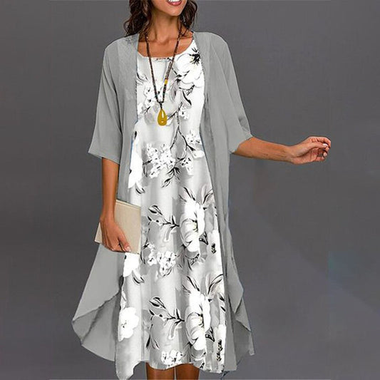 EP | Robe midi avec imprimé gris et vêtements d'extérieur