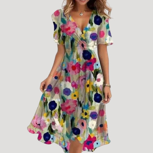 EP | Robe midi portefeuille pour femme avec manches plates fleuries