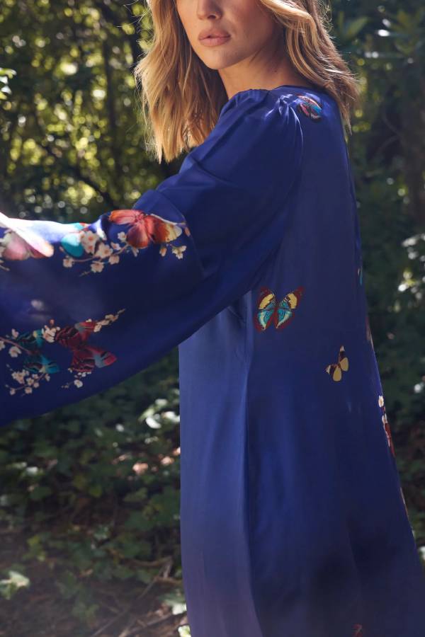 EP | Imprimé Papillon Bleu Marine Robe Longue Manches