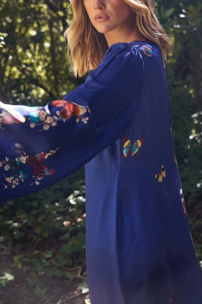EP | Imprimé Papillon Bleu Marine Robe Longue Manches