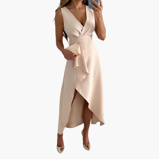 EP | Robe midi sans manches pour femme avec décolleté en V et ourlet haut-low