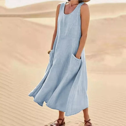 EP | Femmes occasionnelles sans manches en lin robe de soleil sac plage solide couleur robe longue