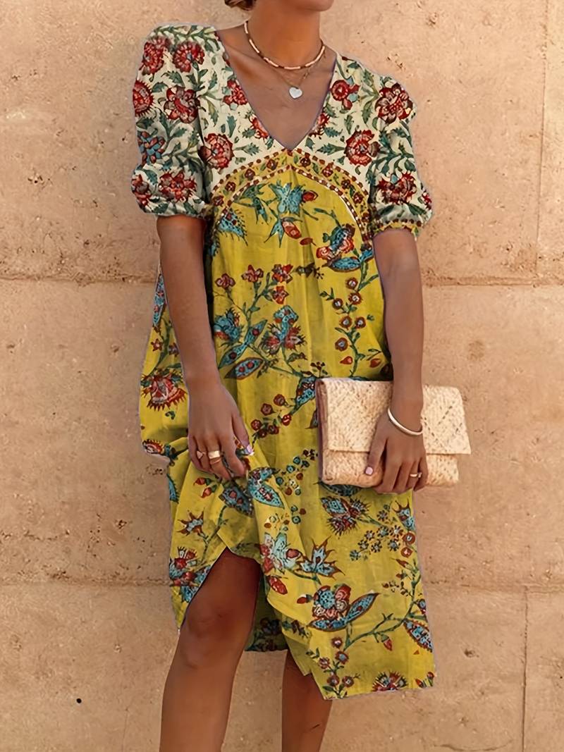 EP | Abida Robe multicolore à manches bouffantes et décolleté en V